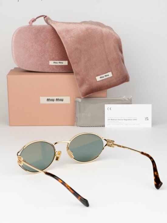 Miu Miu Women Sunglasses Gold Green Mirror Silver Oval MU52YS 5AK04M BRAND NEW main image 4